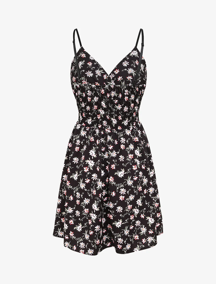 Robe cache-coeur fleurie à fines bretelles - Noir - Image 2