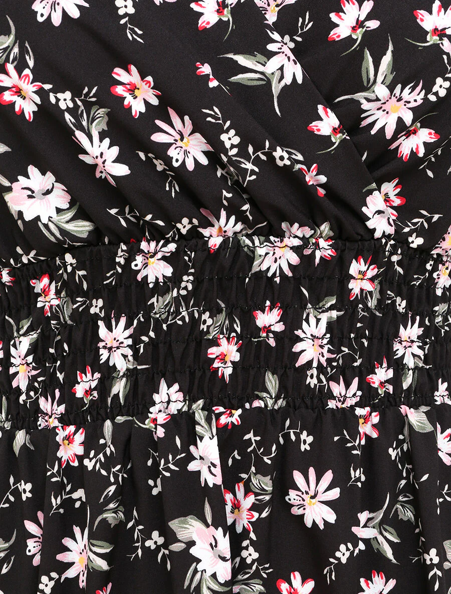 Robe cache-coeur fleurie à fines bretelles - Noir - Image 3