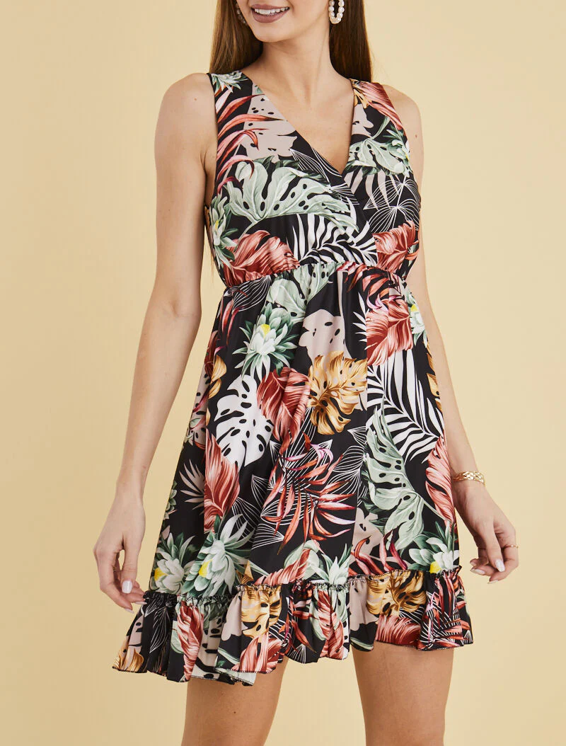 Robe cache coeur imprimée et volantée - noir