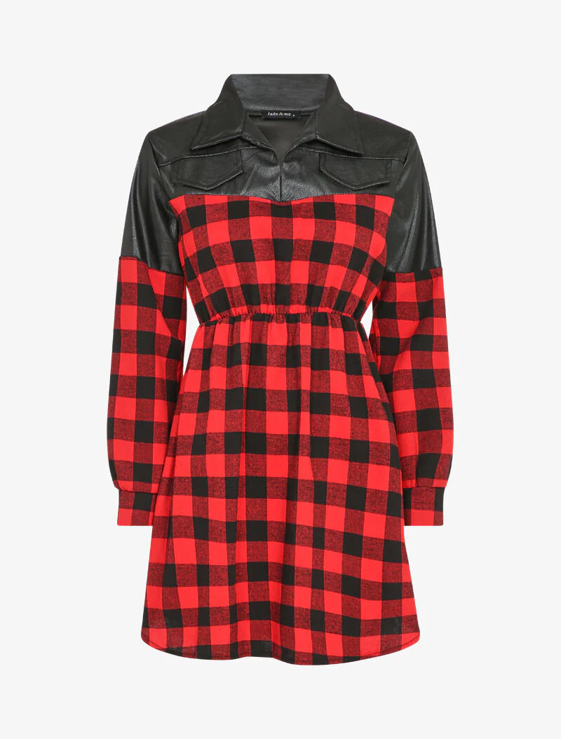 Robe chemise à carreaux et épaules en simili - Rouge