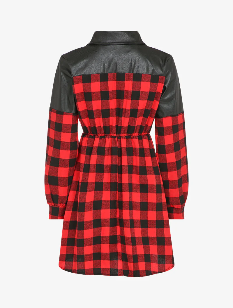 Robe chemise à carreaux et épaules en simili - Rouge - Image 2