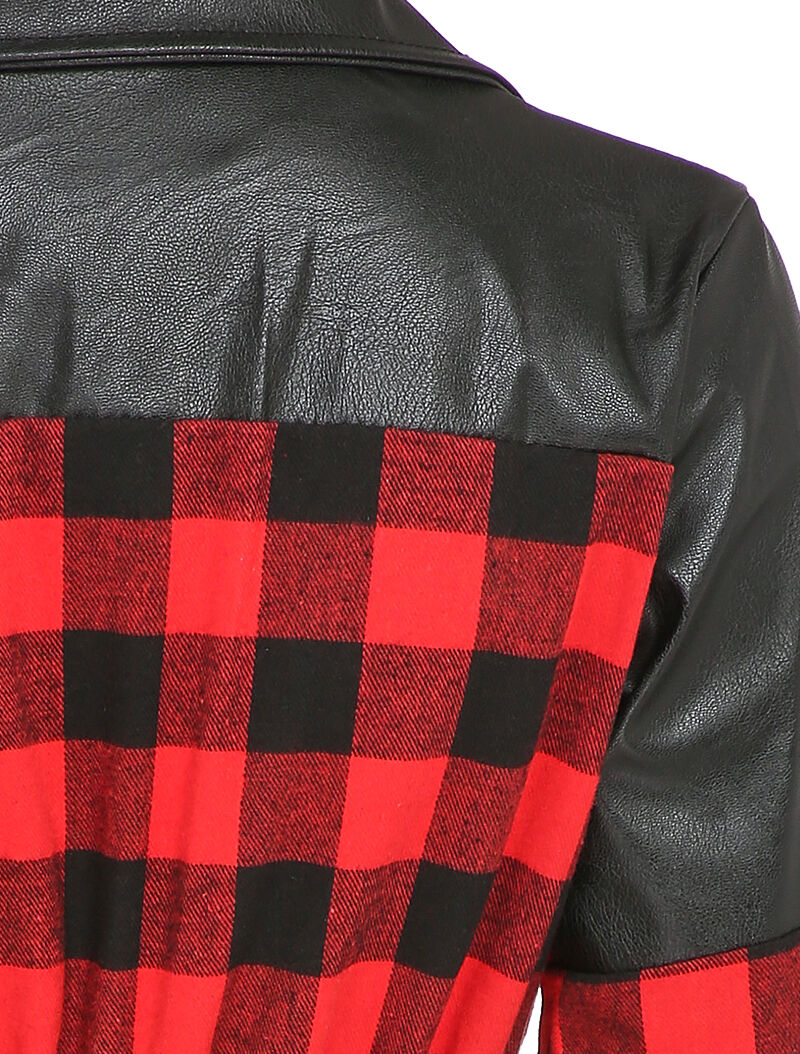 Robe chemise à carreaux et épaules en simili - Rouge - Image 3