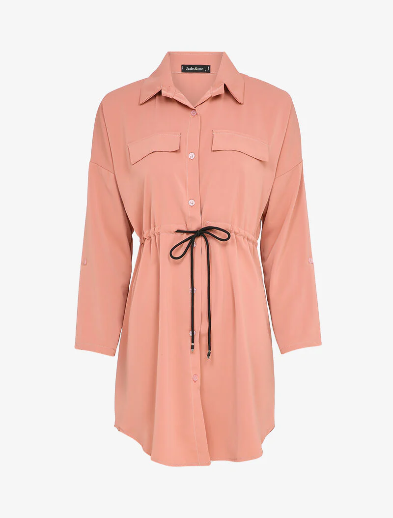 Robe chemise à liens de serrage - Rose poudré