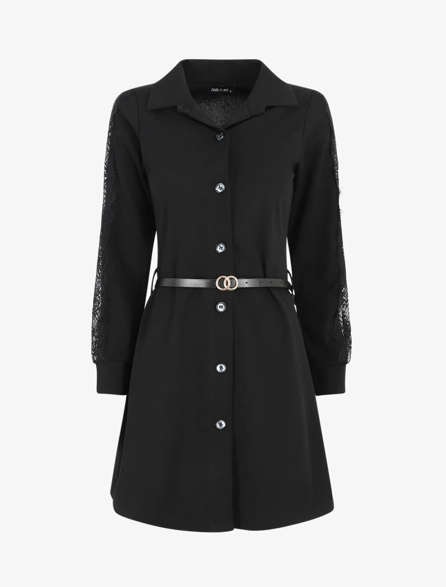 Robe chemise à manches dentelle - Noir