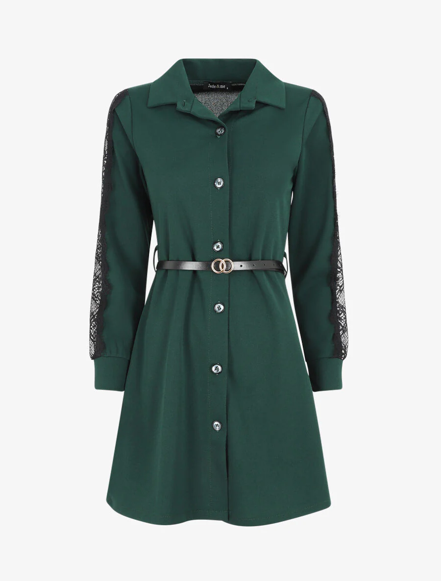 Robe chemise à manches dentelle - Vert foncé