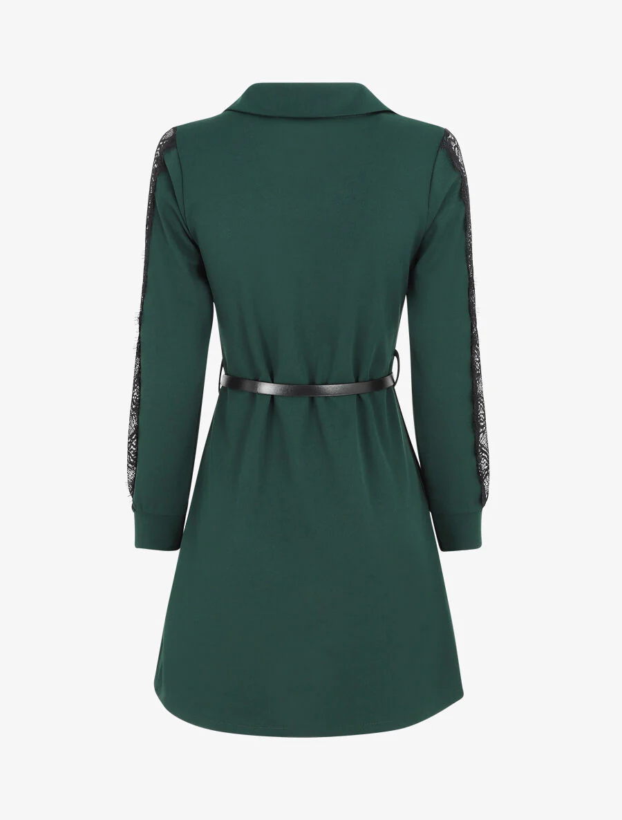 Robe chemise à manches dentelle - Vert foncé - Image 2
