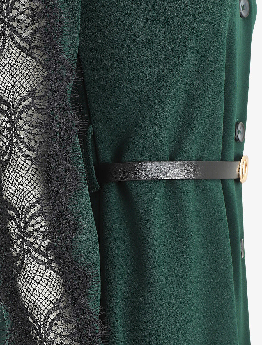 Robe chemise à manches dentelle - Vert foncé - Image 3