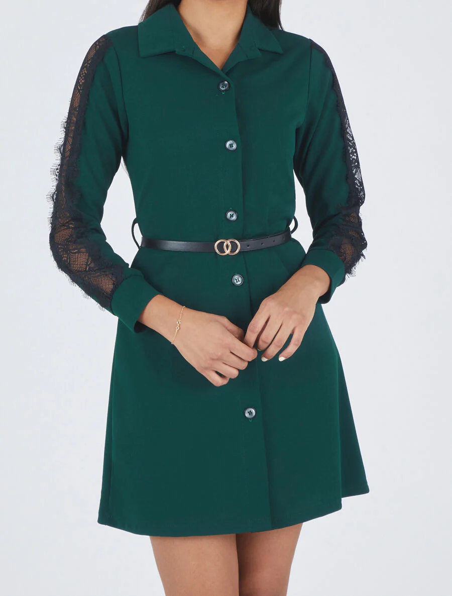 Robe chemise à manches dentelle - Vert foncé - Image 4