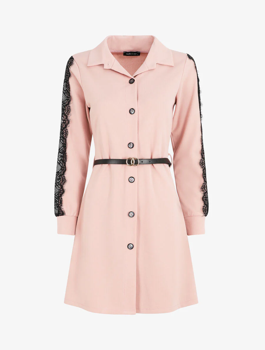 Robe chemise à manches dentelle - Rose