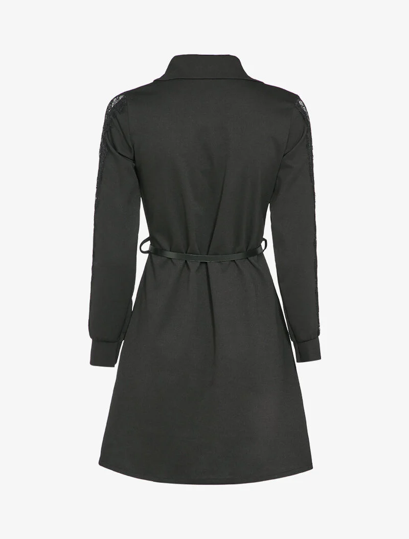 Robe chemise à manches détail dentelle - Noir - Image 3