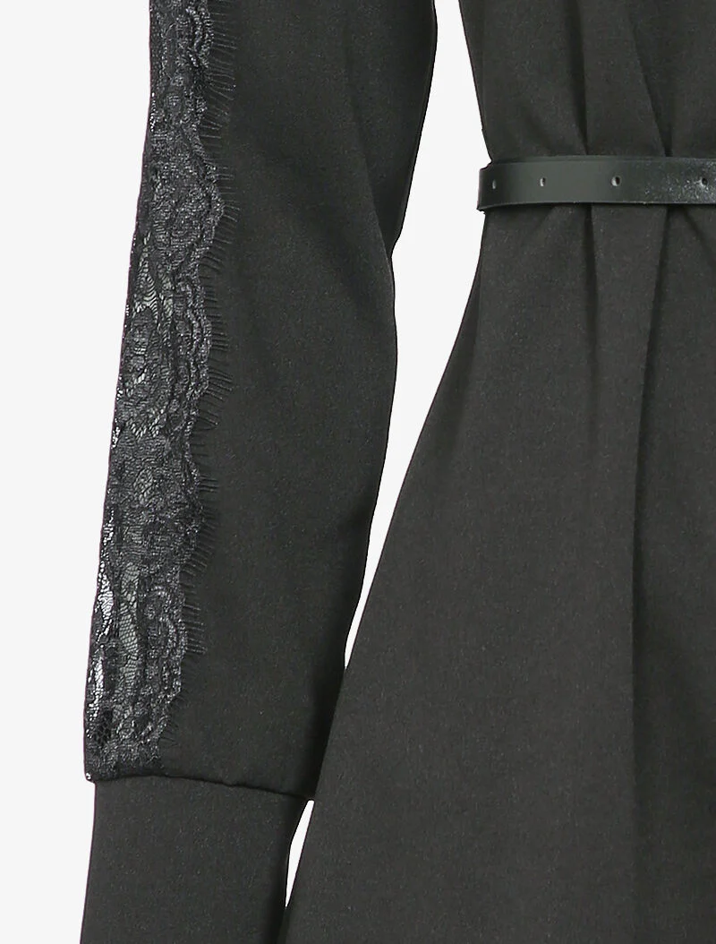 Robe chemise à manches détail dentelle - Noir - Image 4