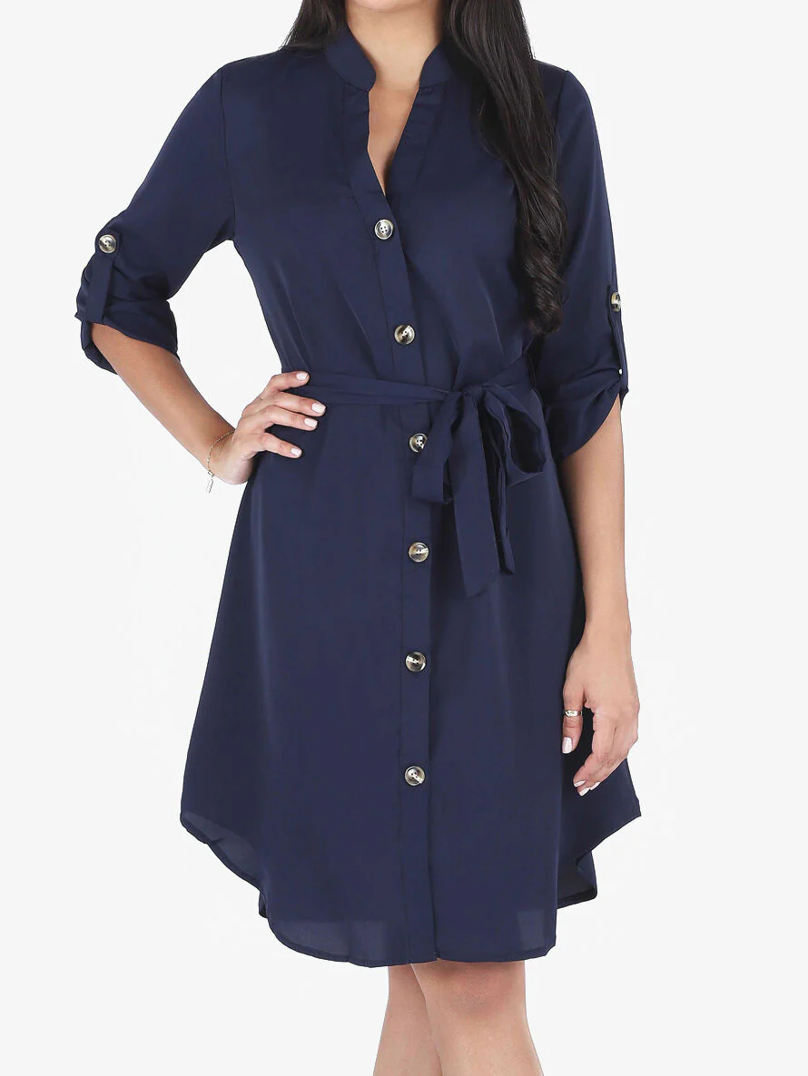 Robe chemise à manches longues et boutons - Marine - Image 4