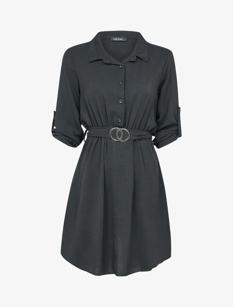 Robe chemise à taille élastiquée et détail boucle dorée - Noir
