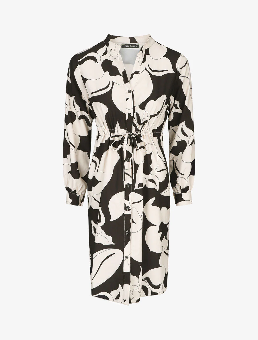 Robe chemise à taille élastiquée imprimé grandes fleurs - Noir