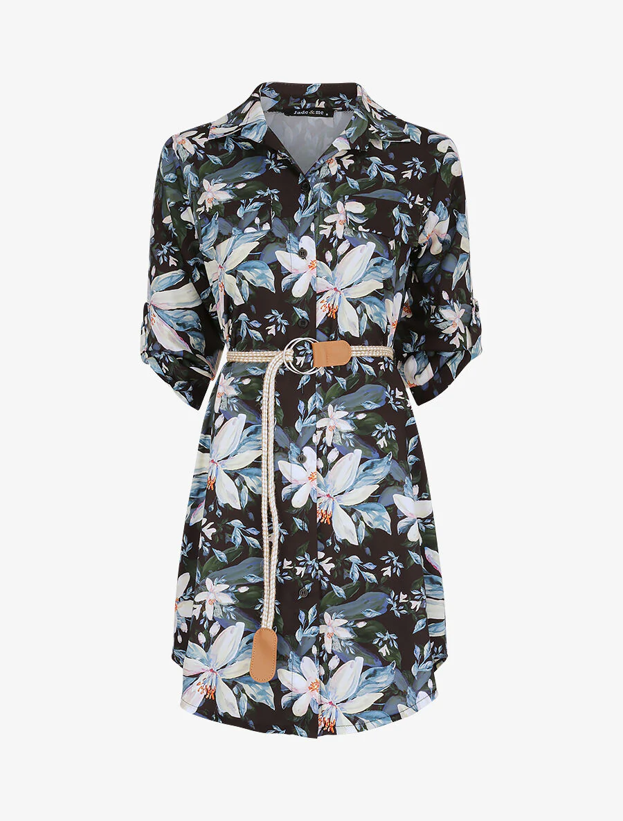 Robe chemise droite imprimé fleurs de lys - Noir