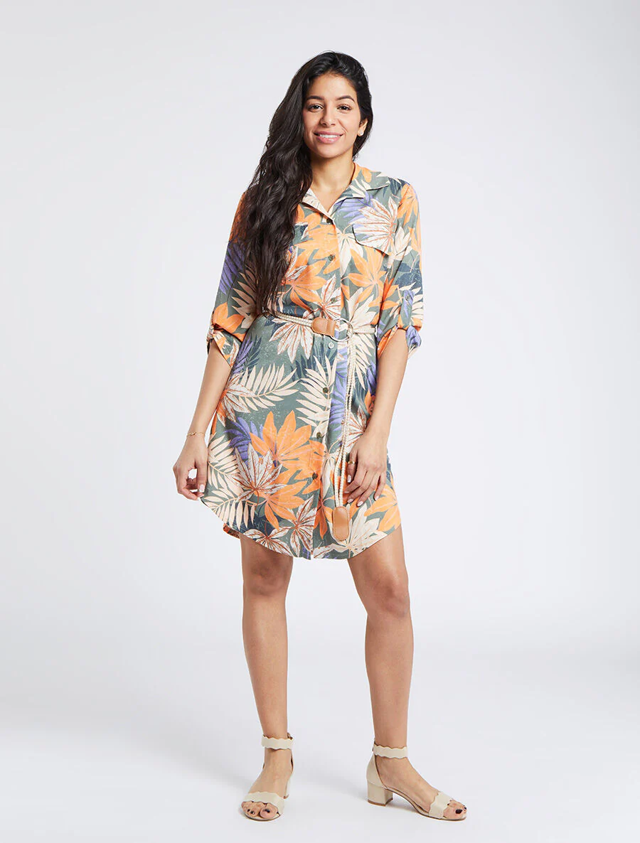 Robe chemise droite imprimé tropical - Vert olive - Image 4
