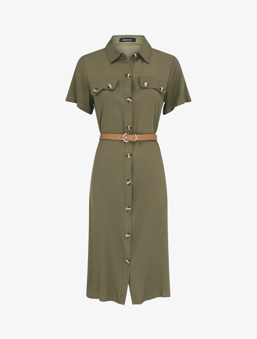 Robe chemise droite mi-longue manches courtes - Kaki