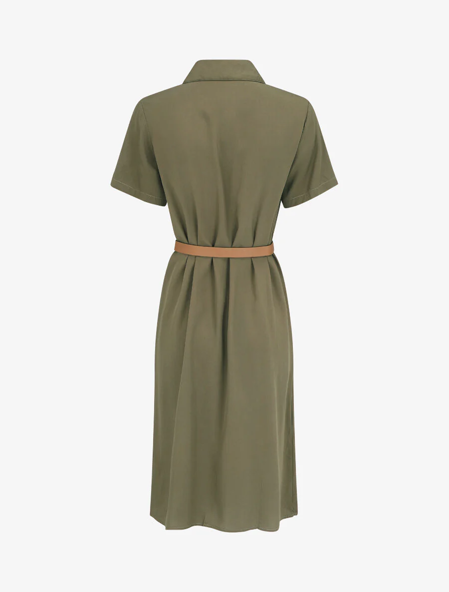 Robe chemise droite mi-longue manches courtes - Kaki - Image 2