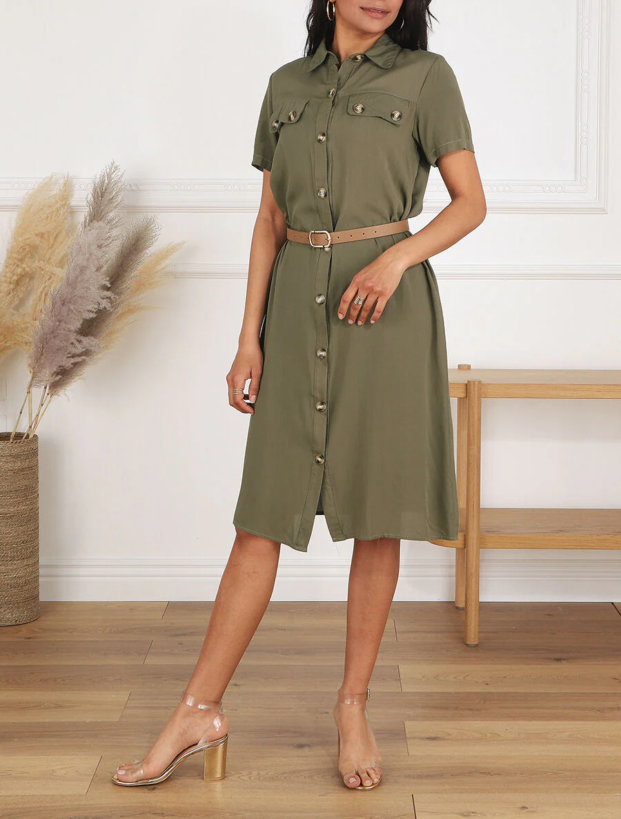 Robe chemise droite mi-longue manches courtes - Kaki - Image 4