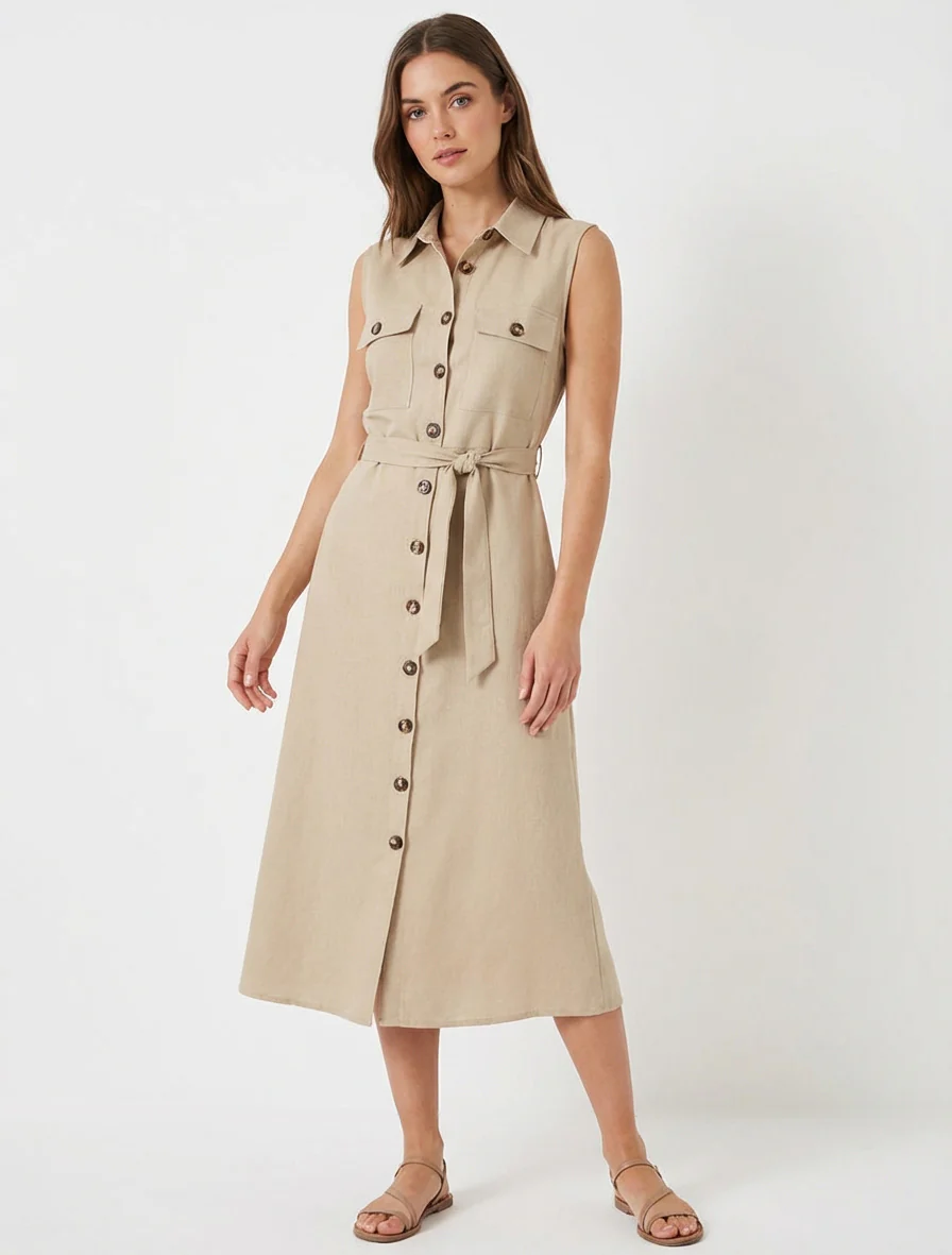 Robe chemise droite sans manches - Beige - Image 4
