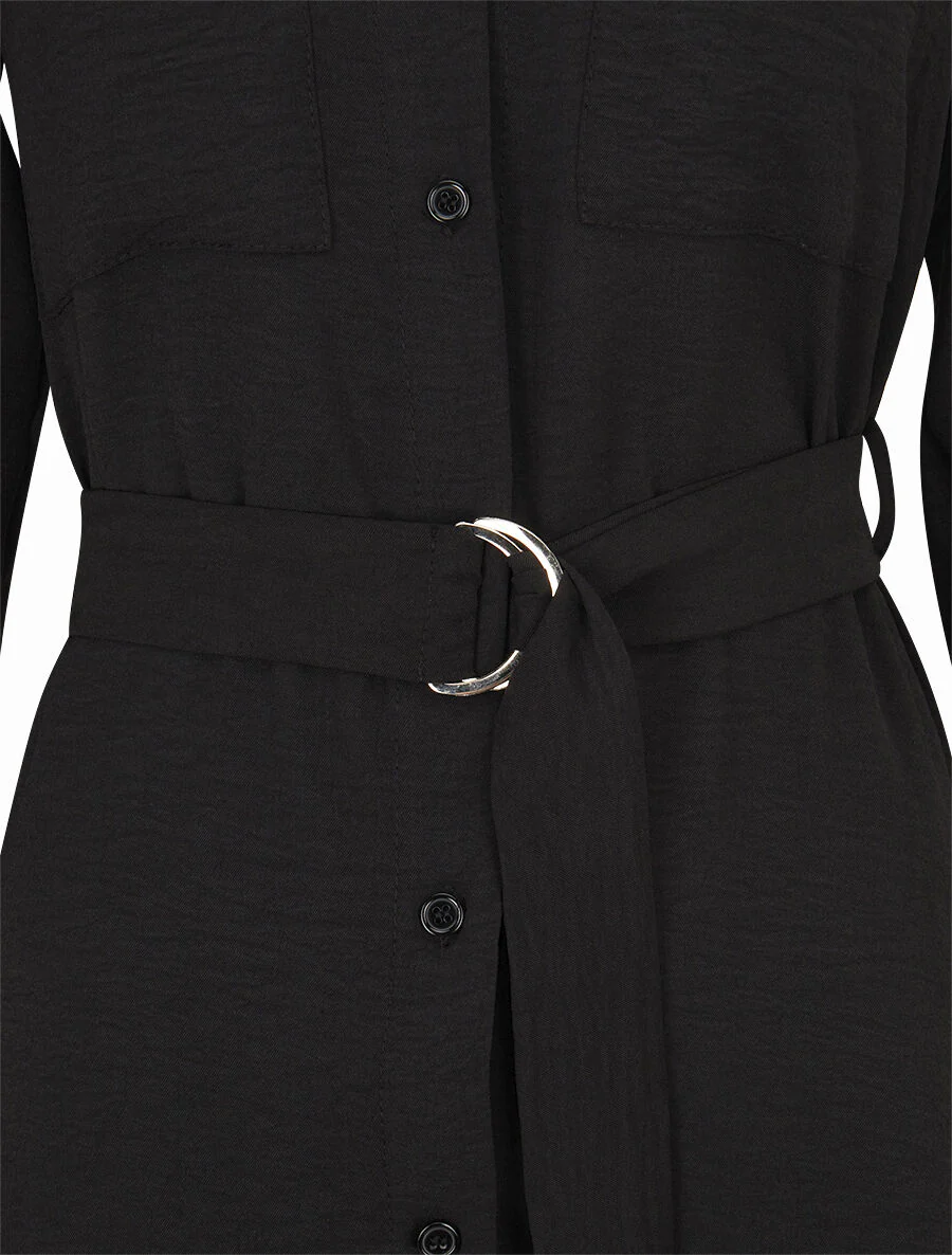 Robe chemise fluide et ceinturée - Noir - Image 3