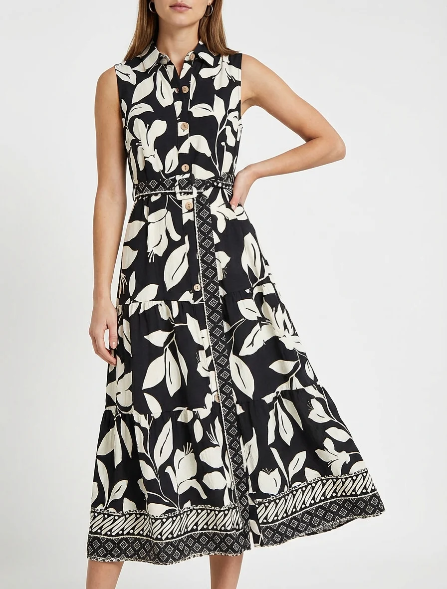 Robe chemise imprimé fleurs tropicales - Noir - Image 4