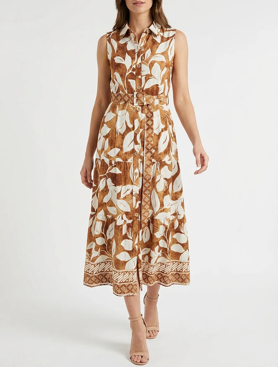 Robe chemise imprimé fleurs tropicales - Camel - Image 4