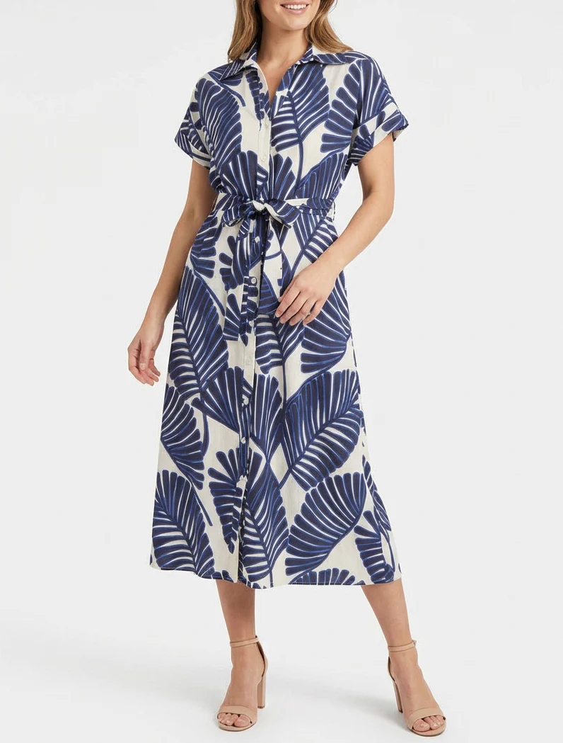 Robe chemise imprimé tropical à manches courtes - Bleu - Image 4