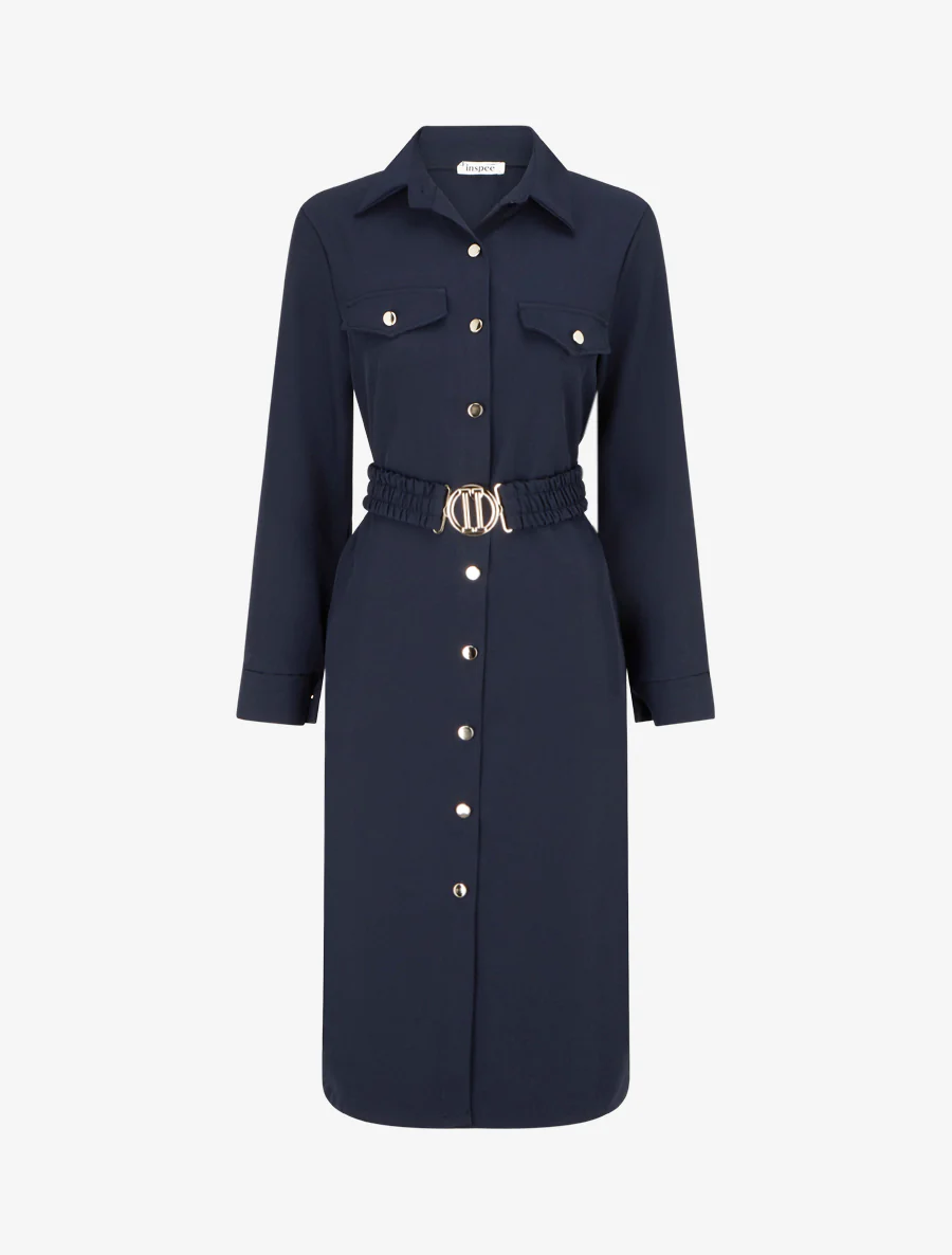 Robe chemise longue à poches décoratives - Marine