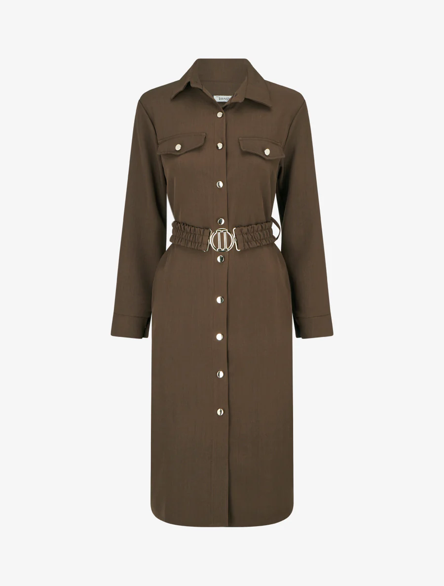 Robe chemise longue à poches décoratives - Marron