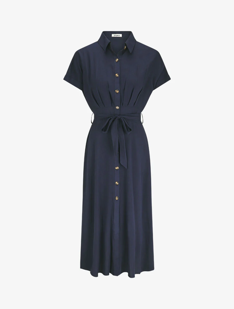 Robe chemise longue évasée et unie - Marine
