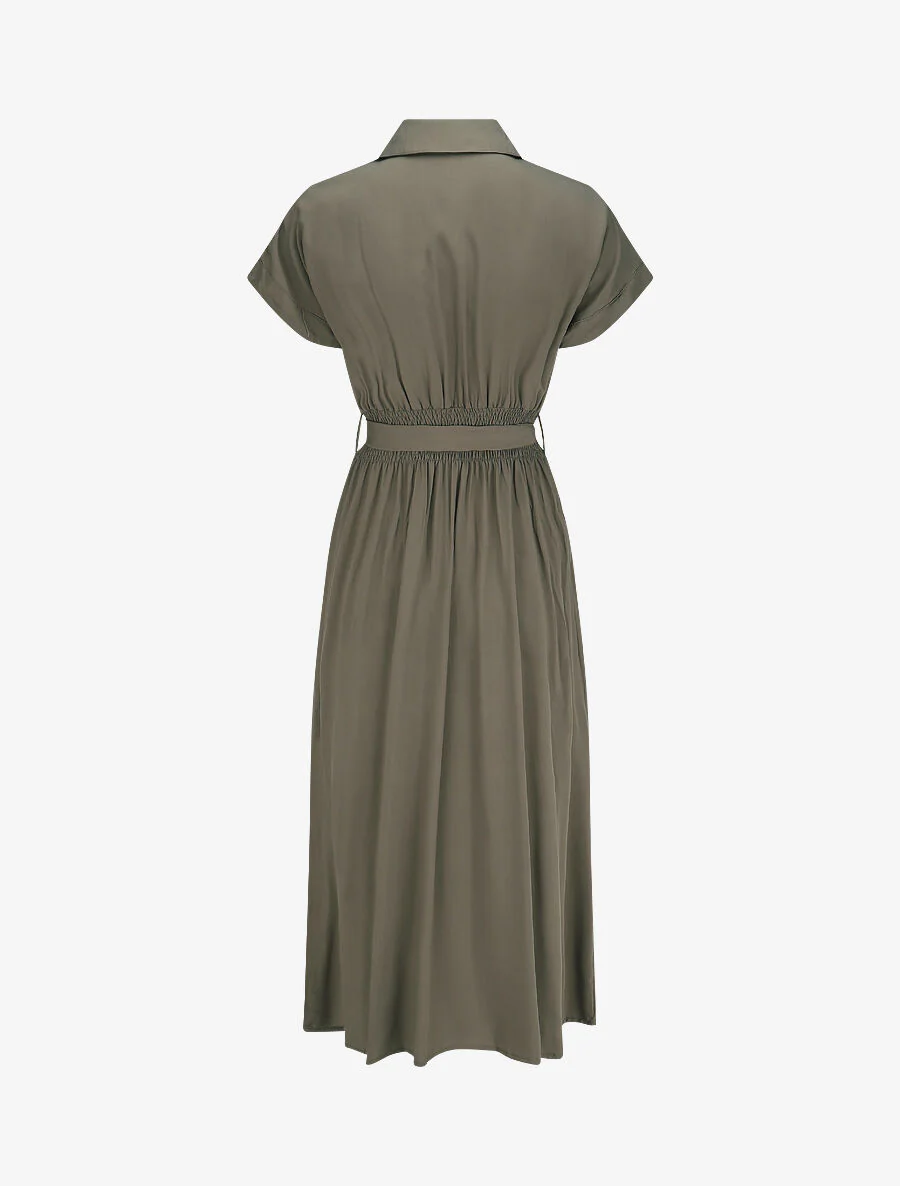 Robe chemise longue évasée et unie - Kaki - Image 2