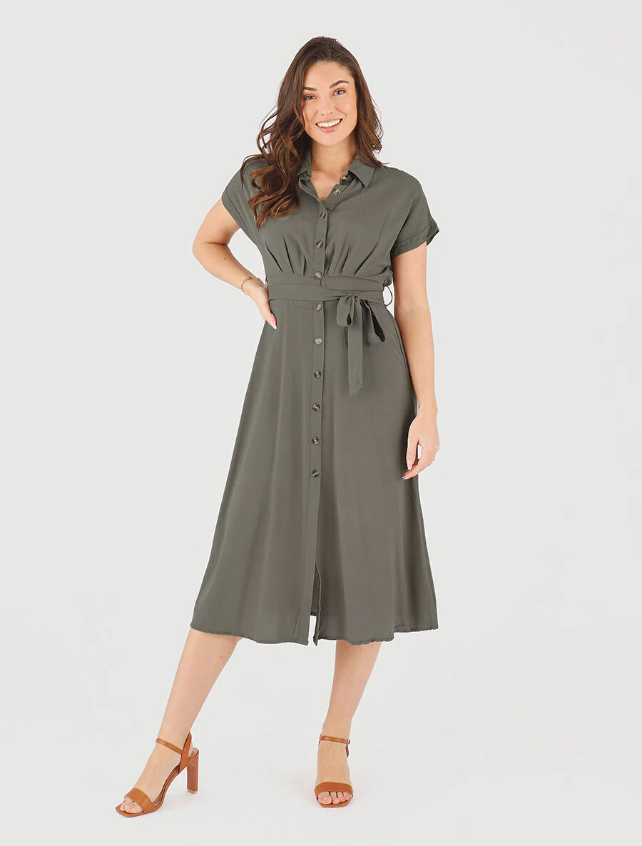 Robe chemise longue évasée et unie - Kaki - Image 4