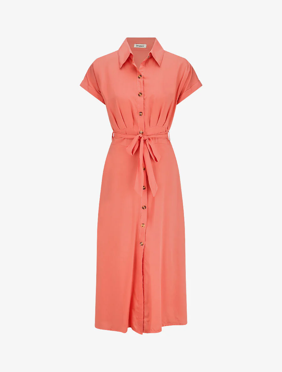 Robe chemise longue évasée et unie - Corail