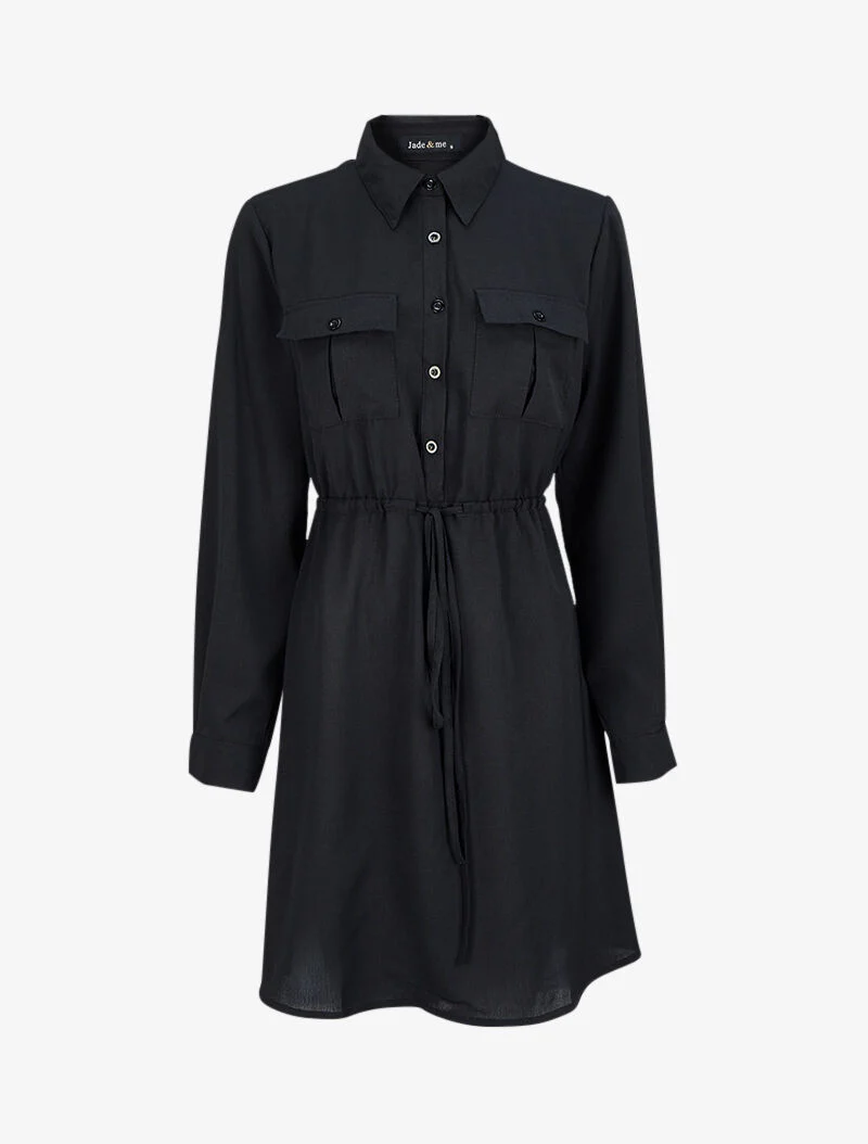 Robe chemise mi-longue à lien à nouer - Noir