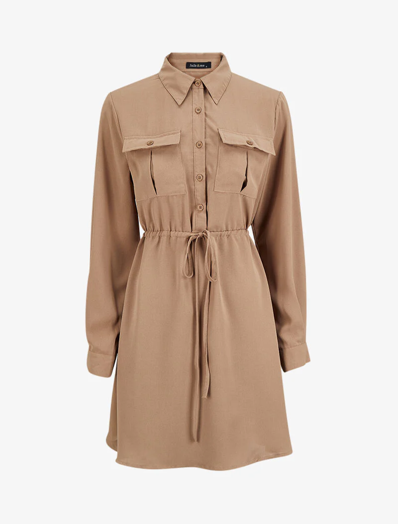Robe chemise mi-longue à lien à nouer - Beige