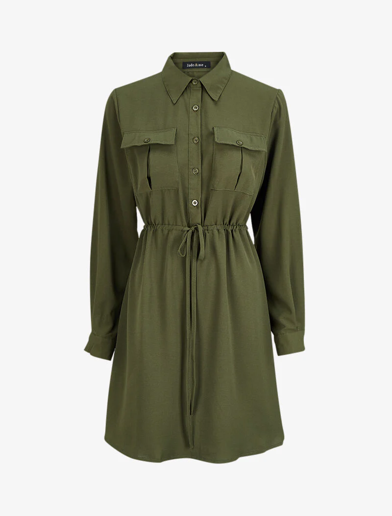 Robe chemise mi-longue à lien à nouer - Kaki