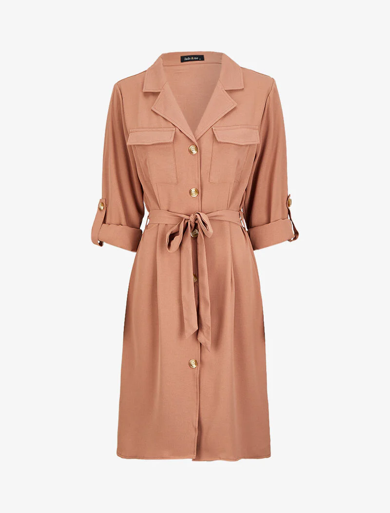 Robe chemise mi-longue à poches à rabats - Rose poudré
