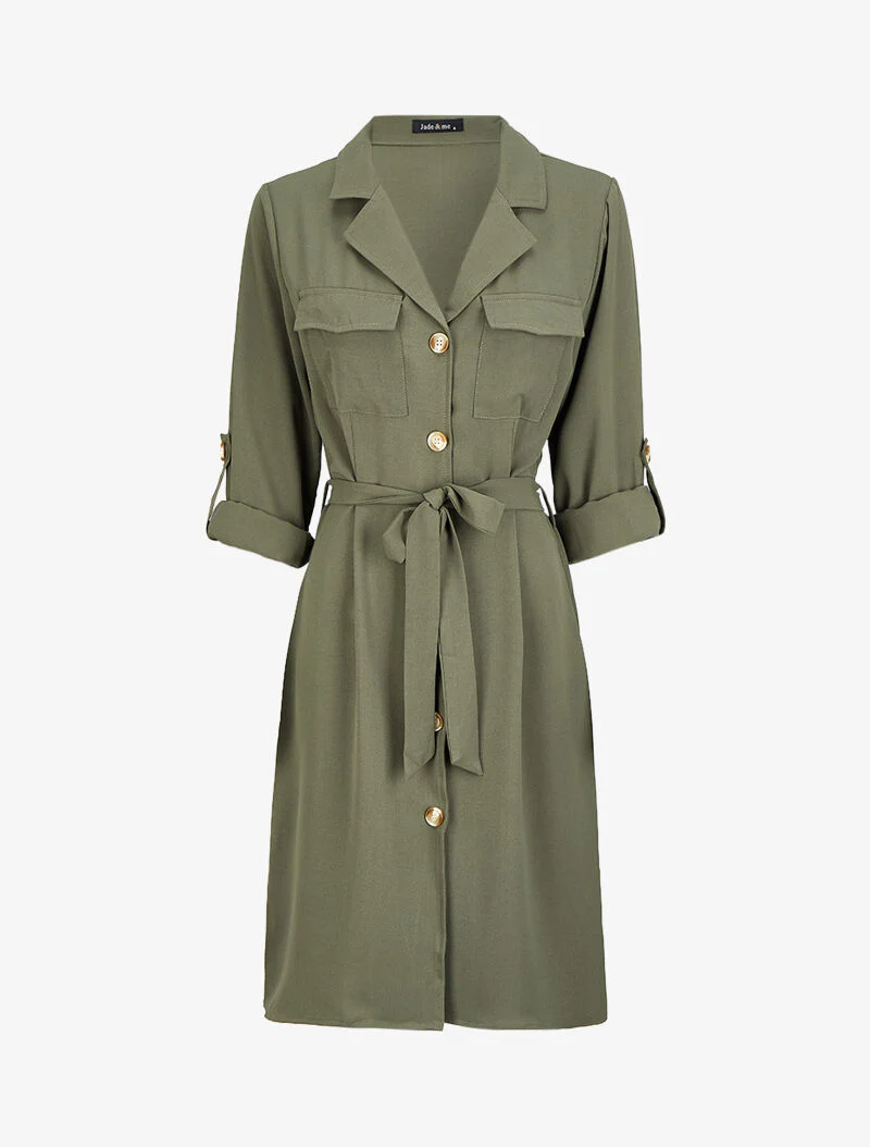 Robe chemise mi-longue à poches à rabats - Olive