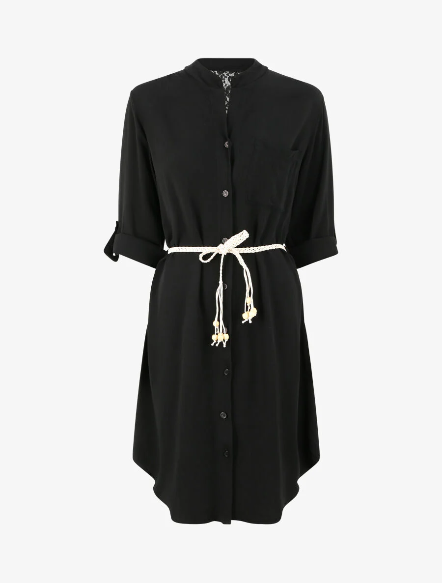 Robe chemise mi-longue unie à dos en dentelle - Noir