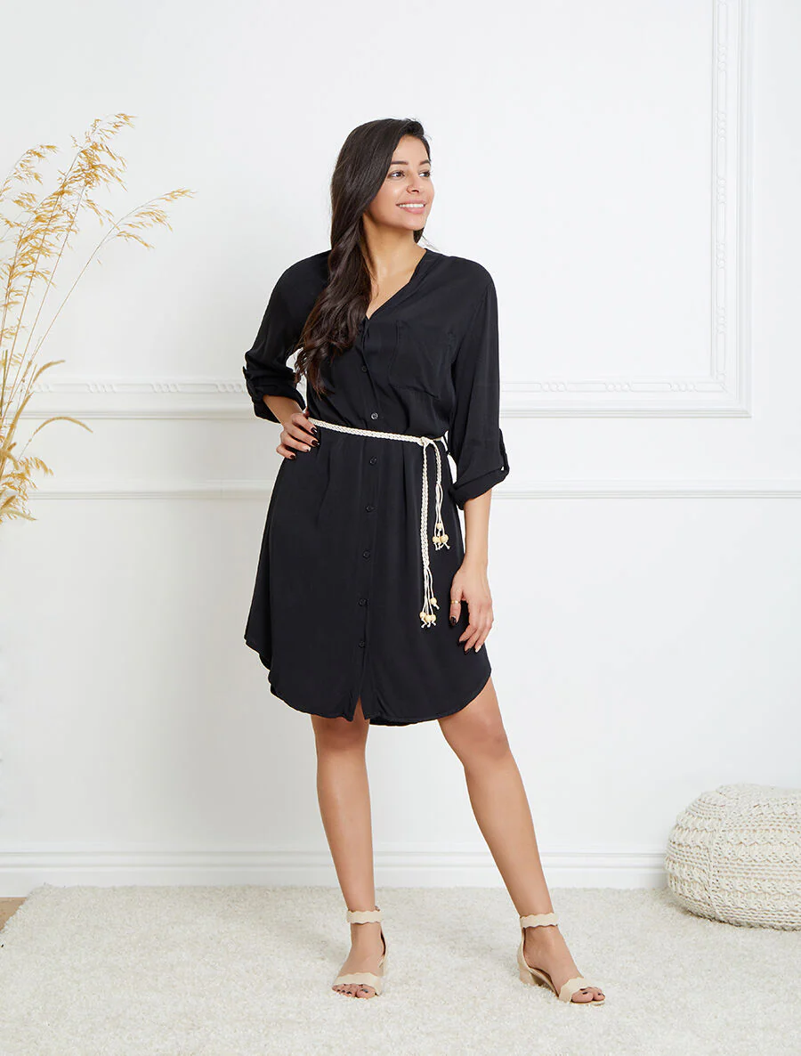 Robe chemise mi-longue unie à dos en dentelle - Noir - Image 4