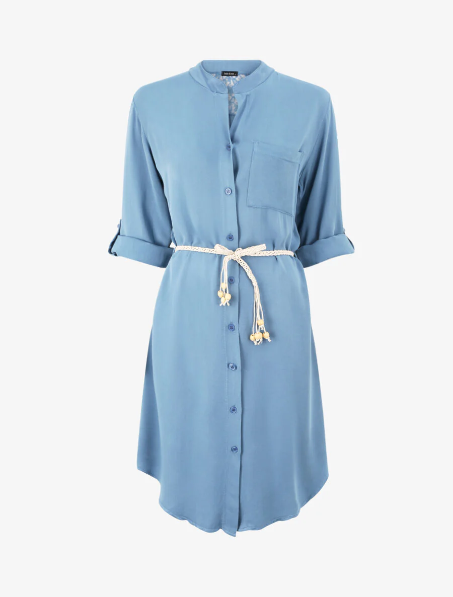 Robe chemise mi-longue unie à dos en dentelle - Bleu
