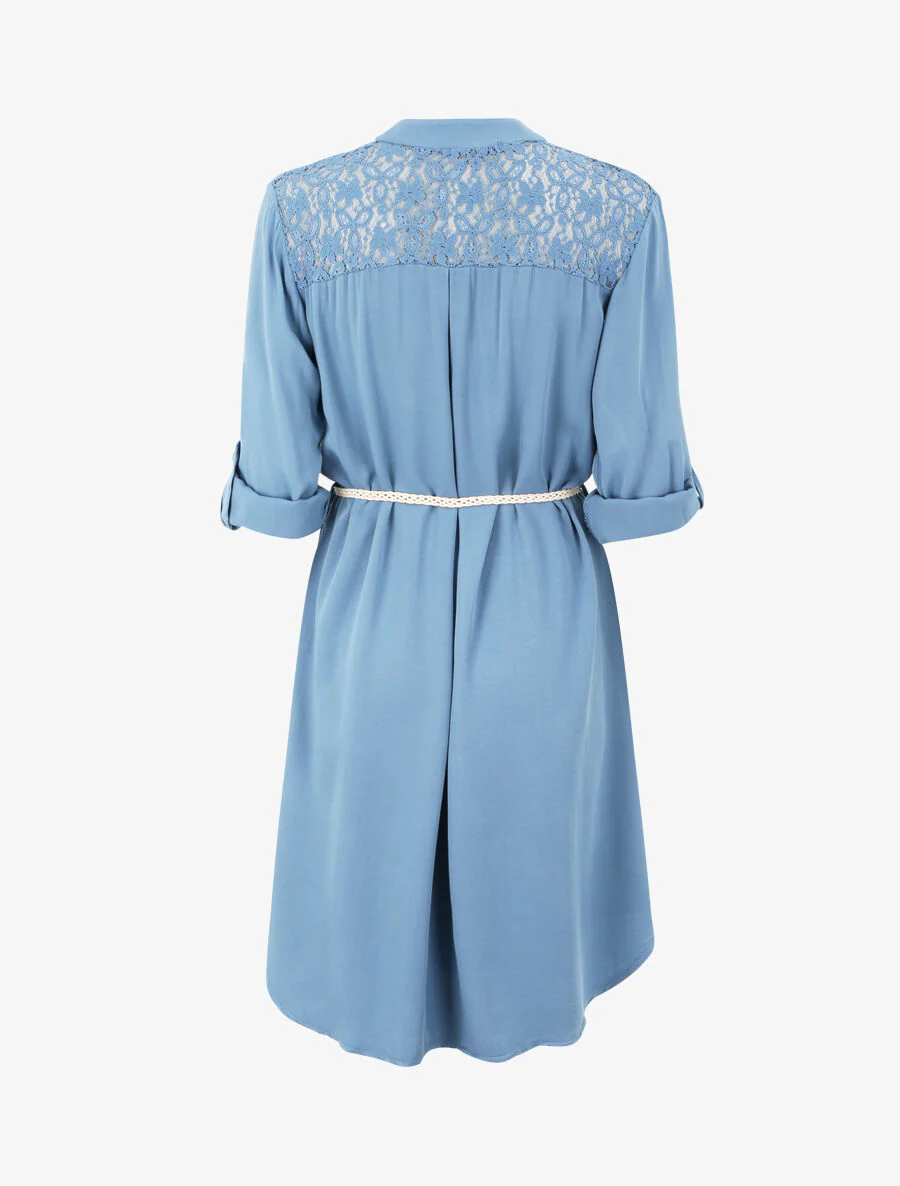 Robe chemise mi-longue unie à dos en dentelle - Bleu - Image 2