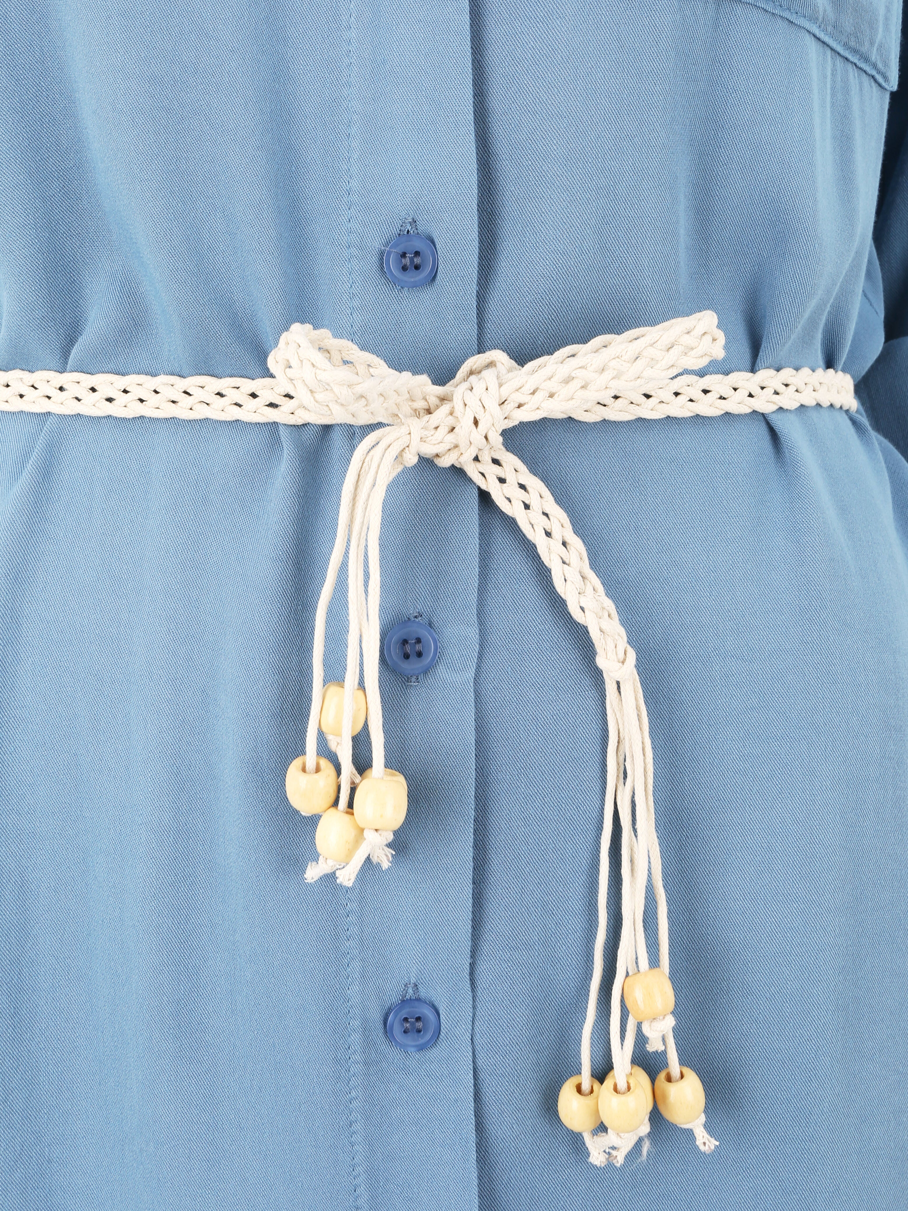 Robe chemise mi-longue unie à dos en dentelle - Bleu - Image 3