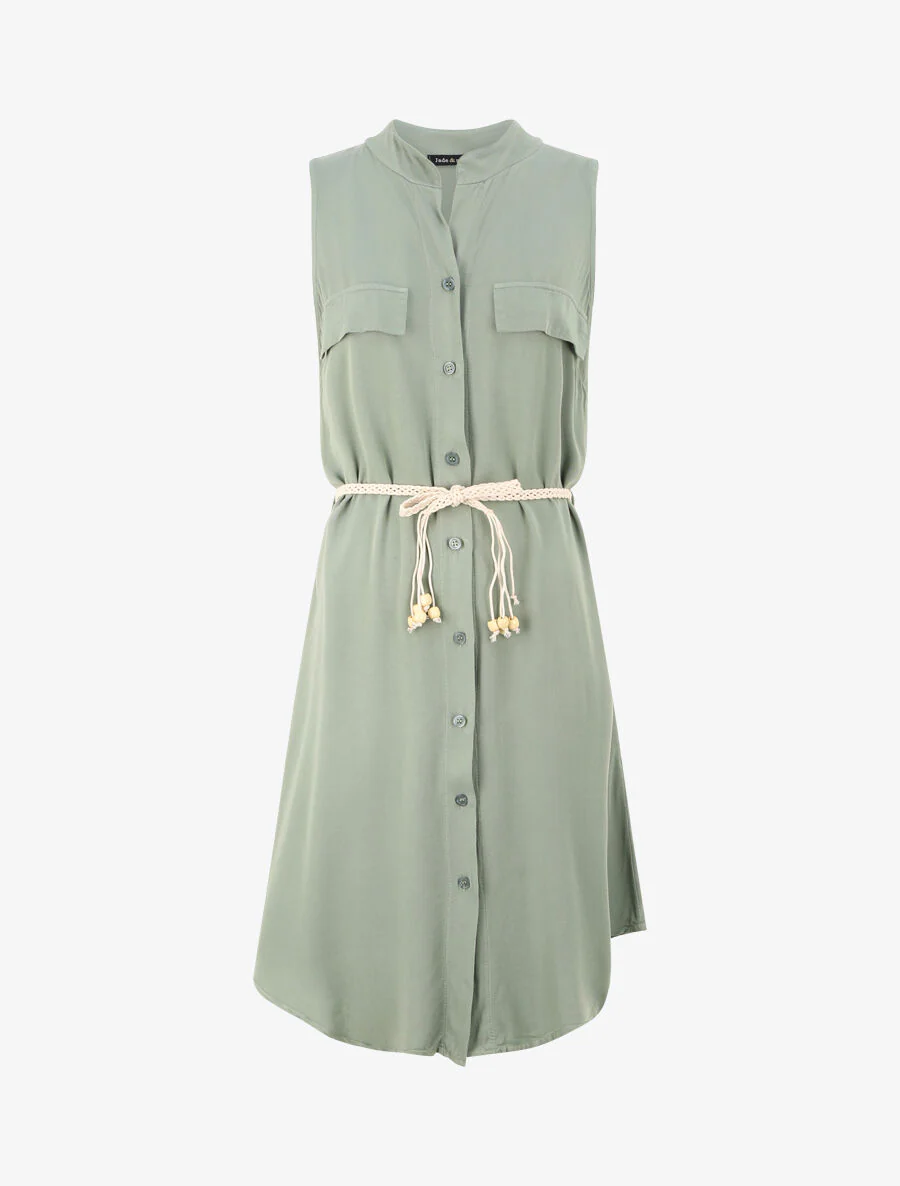Robe chemise mi-longue unie à poches décoratives - Vert olive