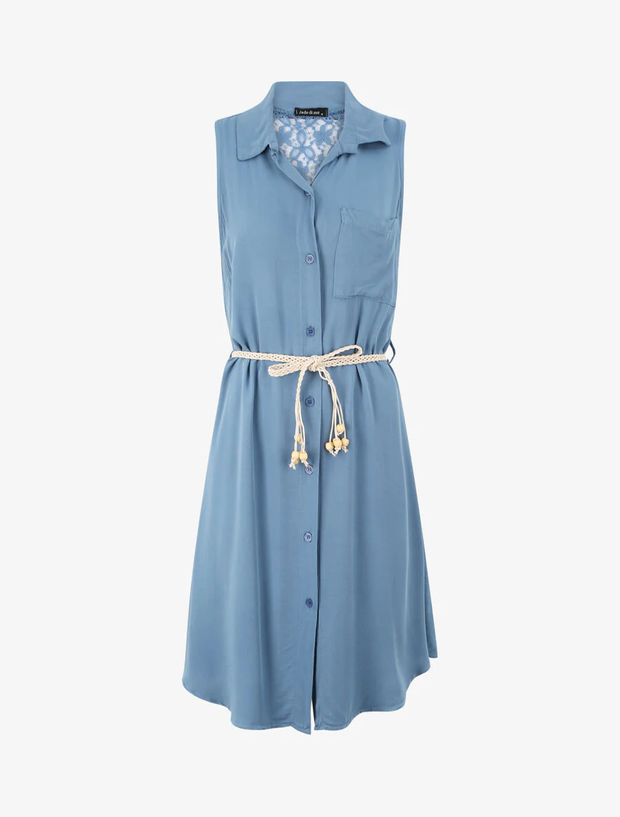 Robe chemise mi-longue unie sans manches - Bleu