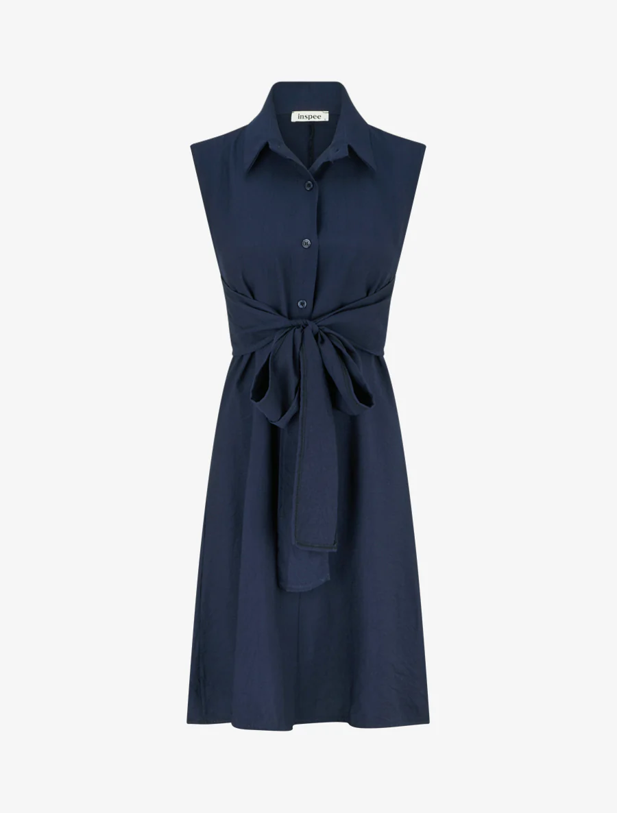 Robe chemise sans manches à liens à nouer - Marine