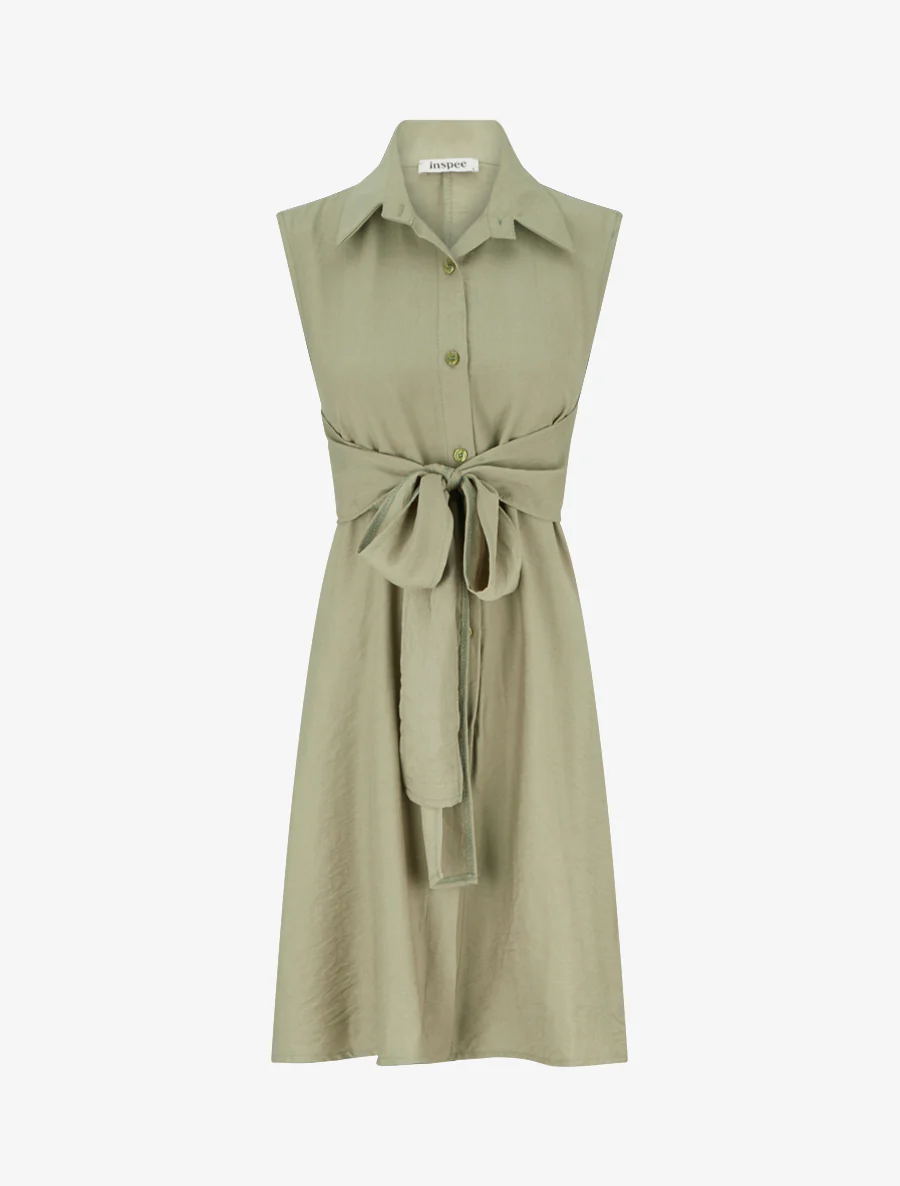 Robe chemise sans manches à liens à nouer - Vert olive
