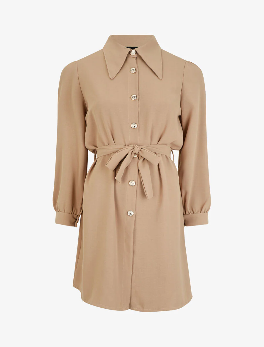 Robe chemise unie à manches longues - Beige
