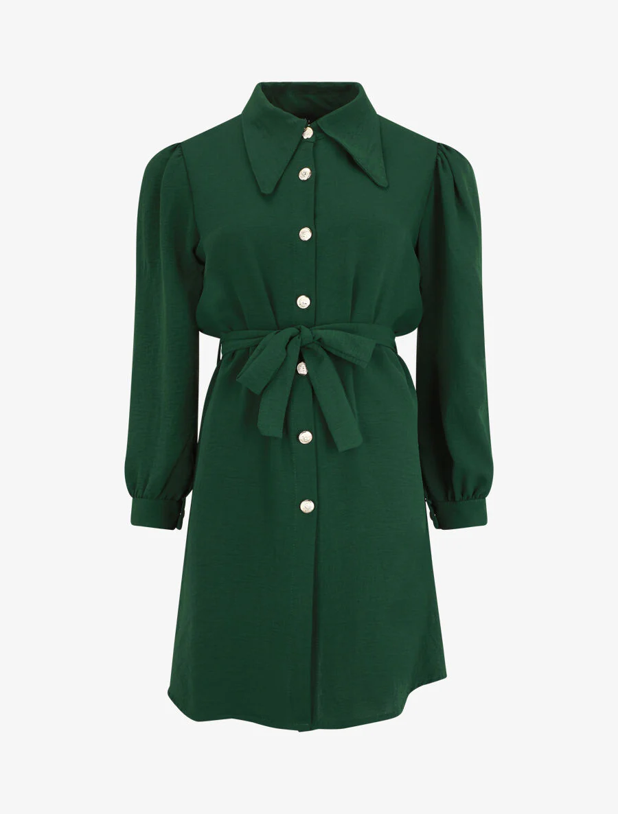 Robe chemise unie à manches longues - Vert